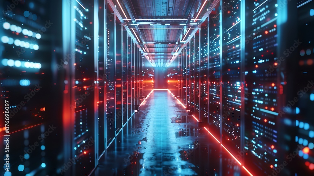 Fototapeta premium Abstract futuristic technology abstract background with lines for network, big data, data center, server, internet, speed. dark blue and red neon lights into digital technology