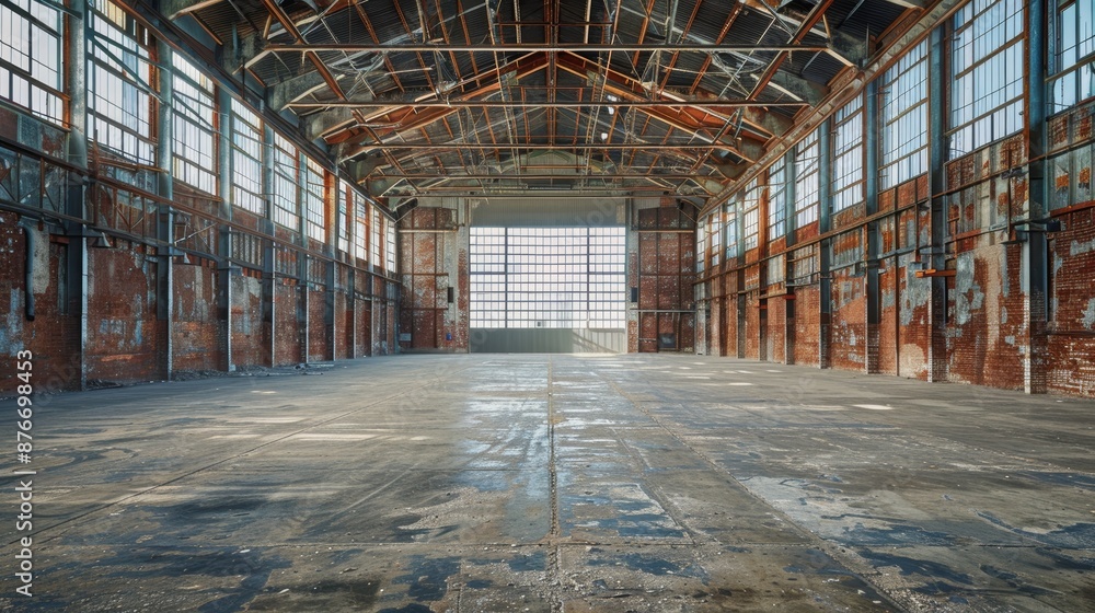 Spacious empty warehouse with industrial architecture and high ceilings. Concept of commercial space, storage, and industrial design. Spacious empty warehouse with industrial architecture and high ceilings. Concept of commercial space, storage, and industrial design.