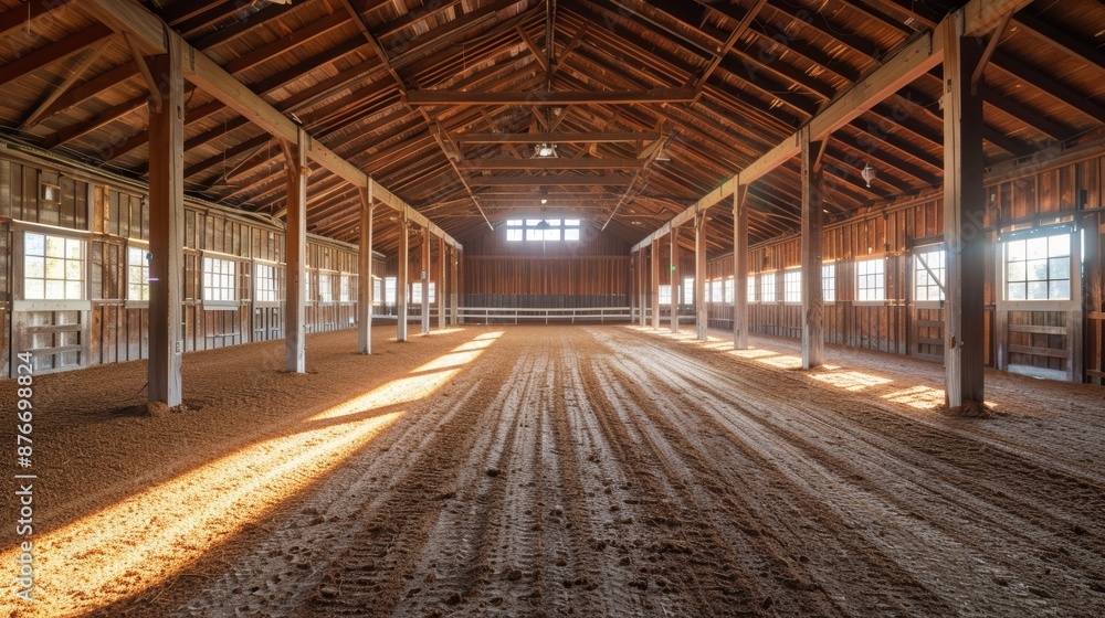 Interior of an empty riding arena with sunlight casting shadows on the ground. Concept of equestrian sports, training, and horse riding. Interior of an empty riding arena with sunlight casting shadows on the ground. Concept of equestrian sports, training, and horse riding.