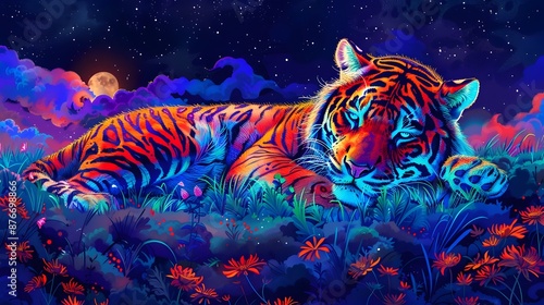 Wallpaper Mural Majestic Neon Tiger Roaming Under Starry Night Sky in Mystical Jungle Landscape Torontodigital.ca