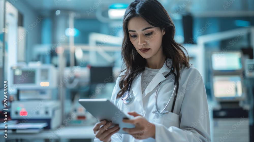 Young female doctor in a modern hospital setting, using a digital tablet for medical records and patient care. Young female doctor in a modern hospital setting, using a digital tablet for medical records and patient care.