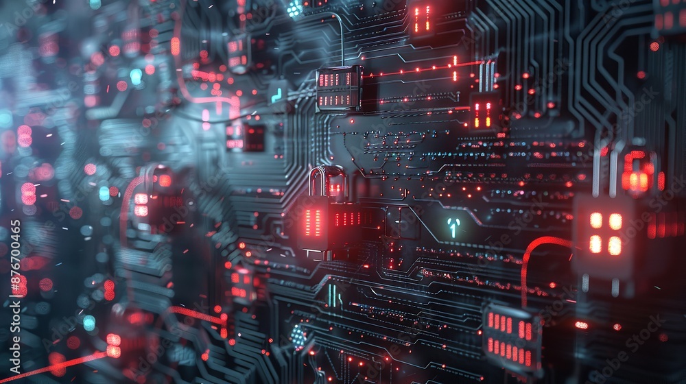 Obraz premium Digital landscape with firewall icons and secure data flow representing network protection