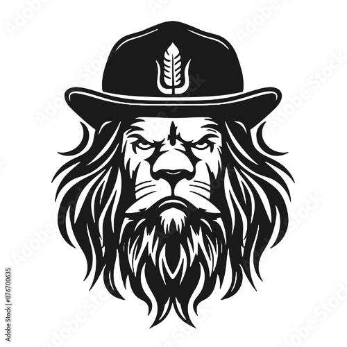 lion wearing a hat, vintage logo line art concept black and white color, hand drawn illustration