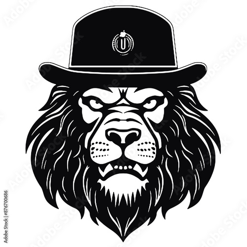 lion wearing a hat, vintage logo line art concept black and white color, hand drawn illustration