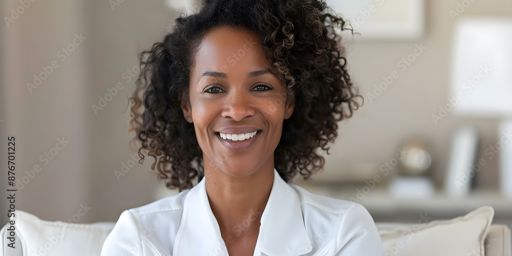 A Black woman with curly hair in her middle age smiling during a therapy session. Concept Portrait Photography, Therapy Session, Smiling Face, Black Woman, Curly Hair A Black woman with curly hair in her middle age smiling during a therapy session. Concept Portrait Photography, Therapy Session, Smiling Face, Black Woman, Curly Hair