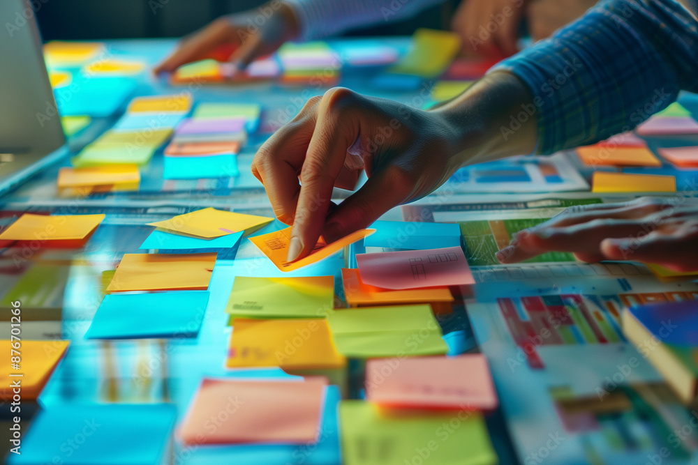 Fototapeta premium person is writing on a table with colorful sticky notes. The table is covered with various colored sticky notes, and the person is reaching for a yellow one