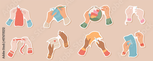 Sticker pack of hands crocheting, sewing, and embroidery with thread and needle. Cute illustration of various hand positions holding sewing tools. Essential supplies for handmade craft projects.