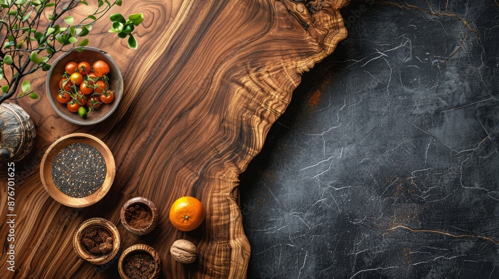 Rustic wooden kitchen table with a variety of spices and vegetables. Concept of culinary arts, home cooking, and natural ingredients Rustic wooden kitchen table with a variety of spices and vegetables. Concept of culinary arts, home cooking, and natural ingredients