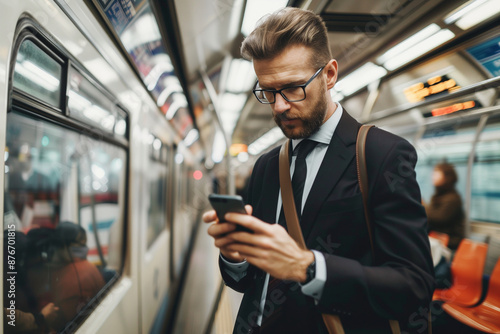 man in a suit is looking at his cell phone while standing on a subway train. Concept of modernity and technology, as the man is using his phone to stay connected and informed