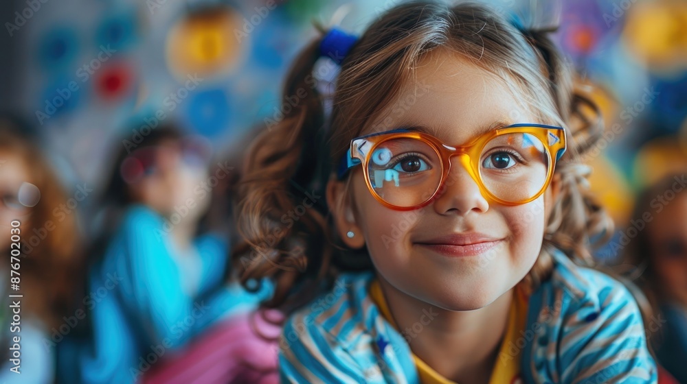 Happy child with glasses smiling in a colorful classroom environment, wearing a blue striped shirt and looking at the camera. Happy child with glasses smiling in a colorful classroom environment, wearing a blue striped shirt and looking at the camera.