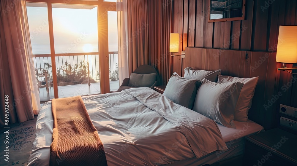 Obraz premium Beachfront bedroom with a stunning ocean view. Large windows, modern decor, comfortable bed, luxury, relaxation, vacation. Generative by AI.