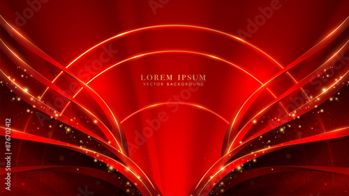 Luxury red background with golden line, circle elements, glitter light effect, and shiny dot decoration
