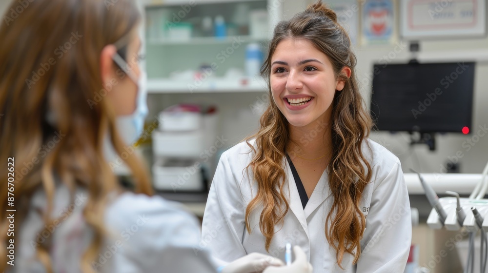 Smiling female dentist engaging with a patient in a modern dental clinic, promoting patient care and dental health. Smiling female dentist engaging with a patient in a modern dental clinic, promoting patient care and dental health.