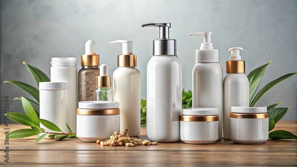Cosmetic bottle containers with blank labels for branding mock-up, perfect for natural beauty product concept, cosmetics Cosmetic bottle containers with blank labels for branding mock-up, perfect for natural beauty product concept, cosmetics