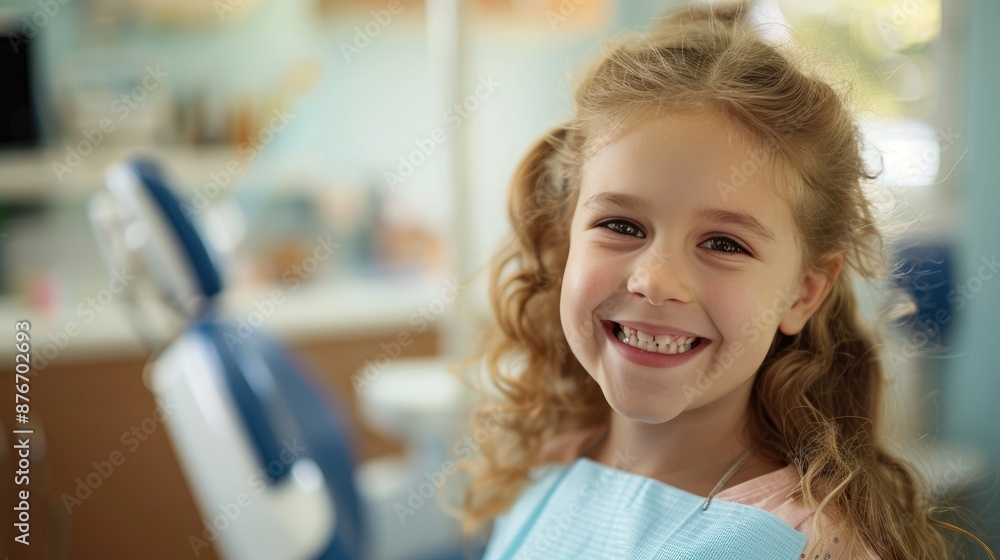 Smiling young girl at the dentist's office, ready for a dental checkup. Bright dental clinic background. Smiling young girl at the dentist's office, ready for a dental checkup. Bright dental clinic background.