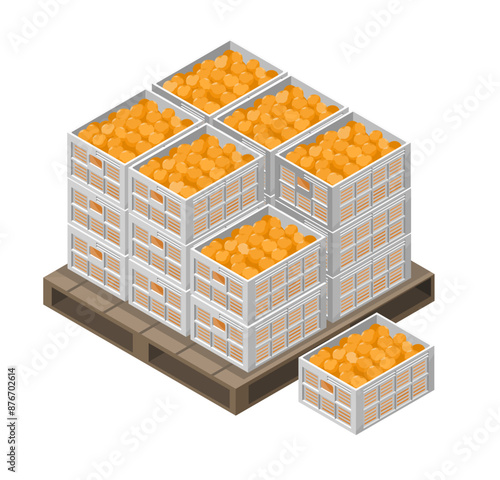 import and export agricultural products Trade balance concept orange fruit in pallet wiaitng to shipping isometric cartoon isolated vector