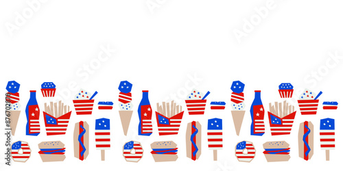 Border pattern of American fast food items like fries, burgers, soda, and ice cream in patriotic colors on white