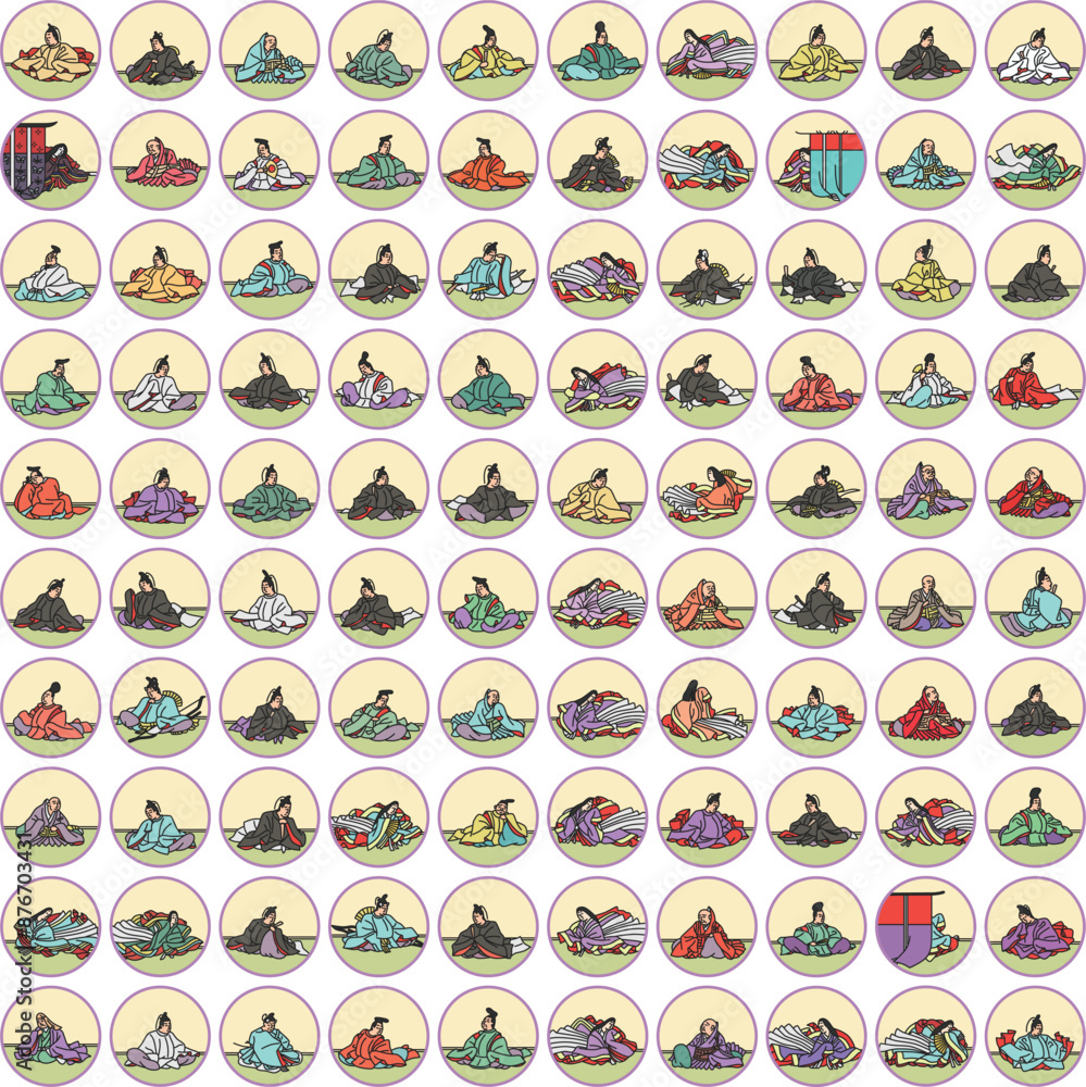 Naklejka premium カラー円形シンプル百人一首のイラストアイコンセット