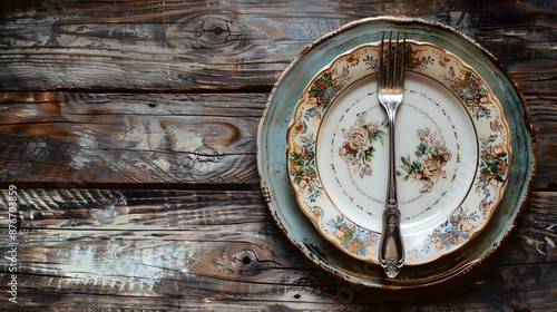 Decorative plate dinner with vintage fork on a rustic wooden table.