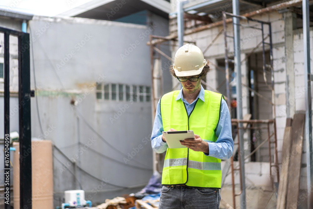 Professional of team architect industrial engineer in helmet working new construction project architectural plan with blueprint and construction tool on table at the building construction site Professional of team architect industrial engineer in helmet working new construction project architectural plan with blueprint and construction tool on table at the building construction site