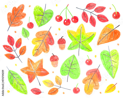 Multi-colored autumn leaves, leaf fall, acorns, berries. Doodle drawing by hand with colored pencils. Drawings with crayon. Cute children's drawings. Red, yellow, green and orange leaves.