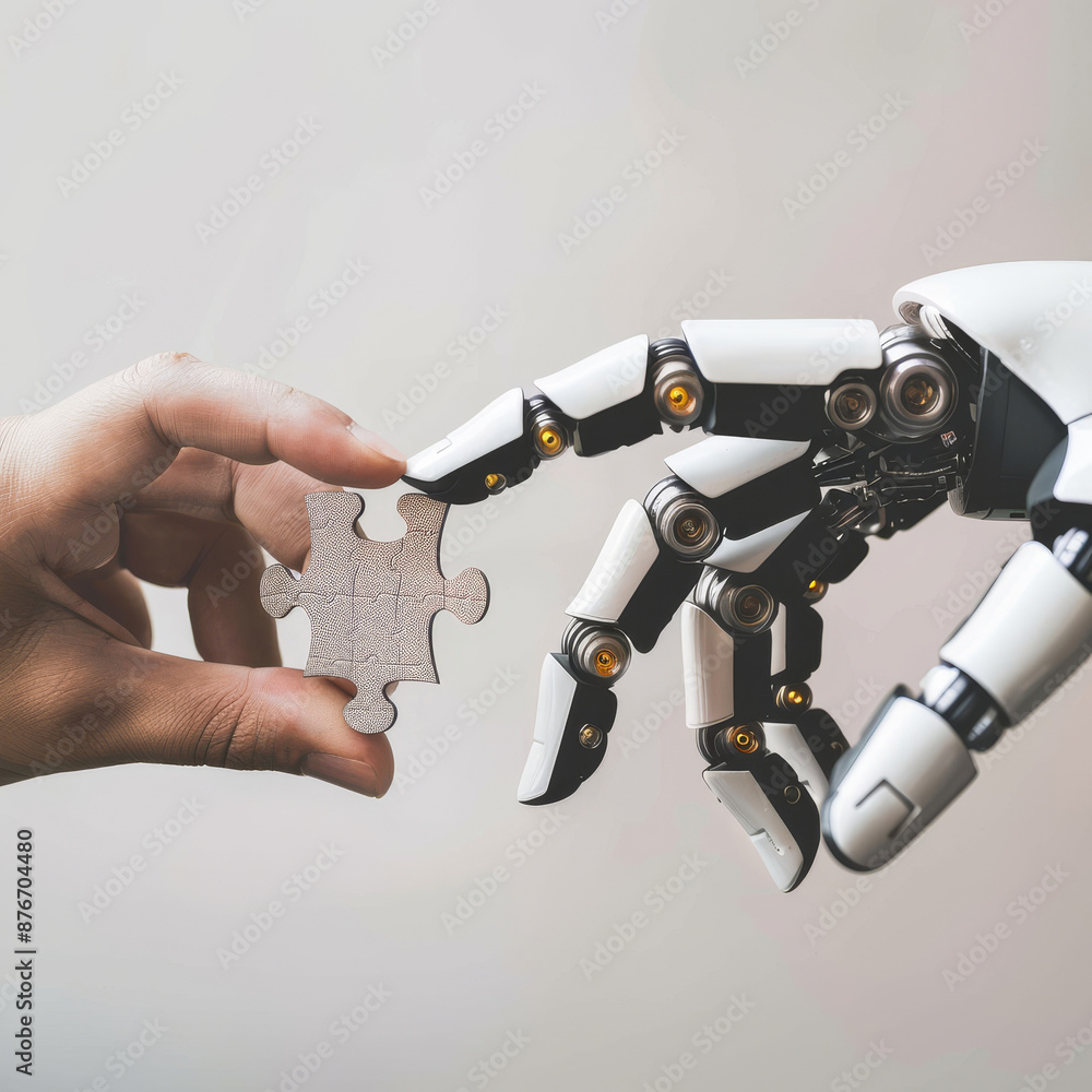 hands holding puzzle, a robot hand a human hand holding puzzle, connecting them together on a white background hands holding puzzle, a robot hand a human hand holding puzzle, connecting them together on a white background
