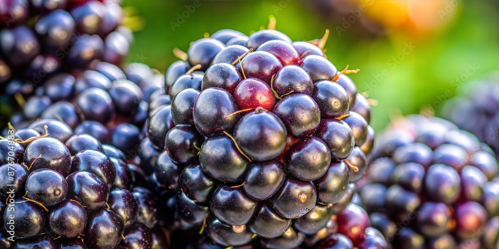close-up of a fresh blackberry with shiny black drupelets and green background. close-up of a fresh blackberry with shiny black drupelets and green background.