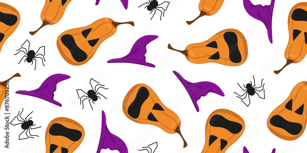 Vector image of a Halloween pumpkin. Seamless horizontal pumpkin pattern with carved scary faces, hat and spiders. Image for textiles, packaging and wallpaper. Festive background for Halloween. Vector image of a Halloween pumpkin. Seamless horizontal pumpkin pattern with carved scary faces, hat and spiders. Image for textiles, packaging and wallpaper. Festive background for Halloween.