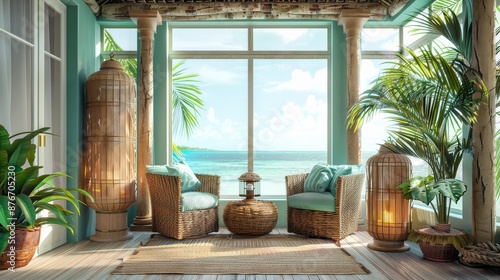 Background featuring a sunny beach resort with modern architecture, designed for relaxation and outdoor enjoyment.