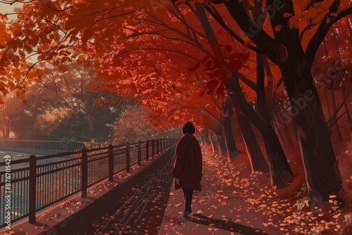 Wallpaper Mural Walking along a path lined with autumn leaves, someone listens to calming lofi music through earphones. Cozy vibe, Generative AI Torontodigital.ca