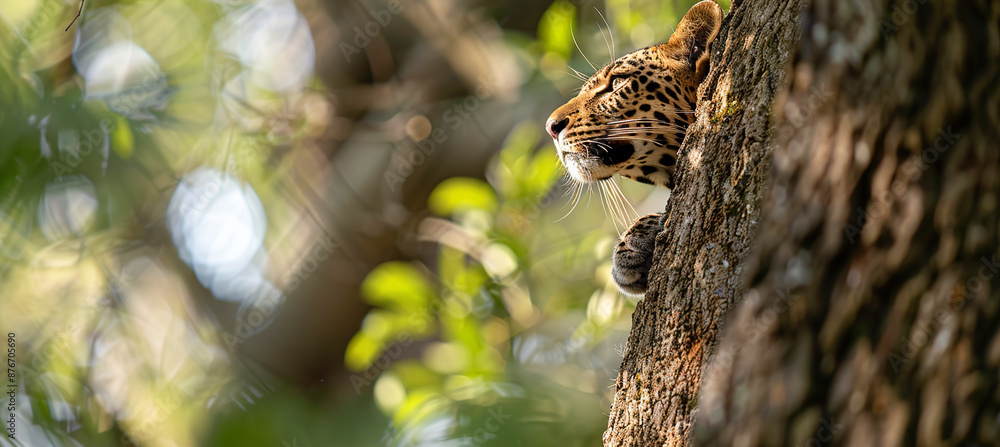 Leopard, Panthera in African jungle, dense rainforest, Green Background, Nature Wallpaper with Copy Space Leopard, Panthera in African jungle, dense rainforest, Green Background, Nature Wallpaper with Copy Space