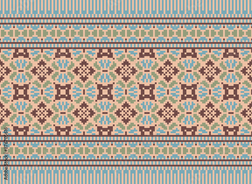 Cross Stitch Embroidery. Ethnic Patterns. Native Style. Traditional Design for Texture, Textile, Fabric, Clothing, Knitwear, Print. Geometric Pixel Horizontal.