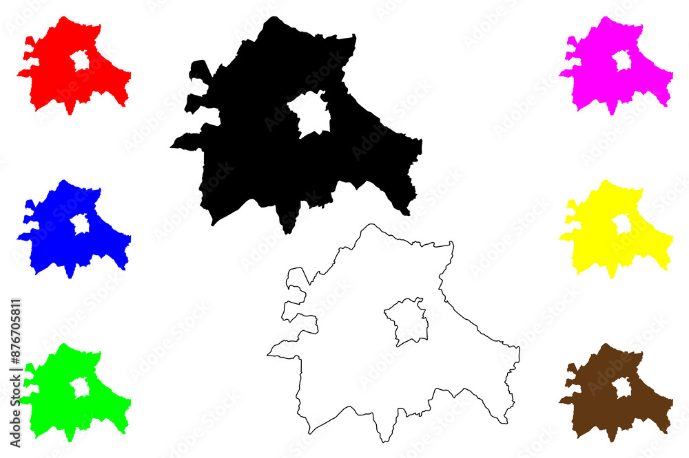 Naklejka premium South Cambridgeshire Non-metropolitan district (United Kingdom of Great Britain and Northern Ireland, ceremonial county Cambridgeshire or Cambs, England) map vector illustration, scribble sketch map