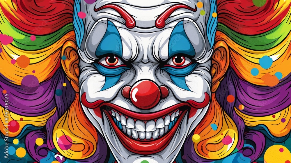 A fun coloring page of a clown face, with exaggerated features like a big red nose, colorful wig, and oversized smile. A fun coloring page of a clown face, with exaggerated features like a big red nose, colorful wig, and oversized smile.