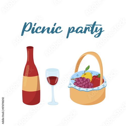 Vector illustration of a basket with food and drinks for a picnic. Colored card with barbecue items. Set of things for a family day out in the forest or park. BBQ elements. Image of vegetables and