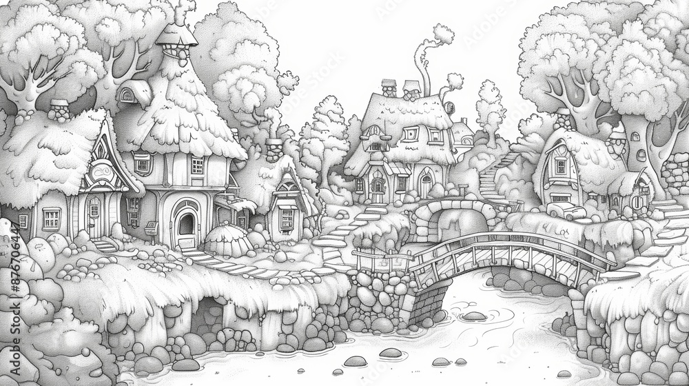 Fototapeta premium A whimsical coloring scene of a fairy village, with tiny houses and bridges, and fairies going about their daily lives.