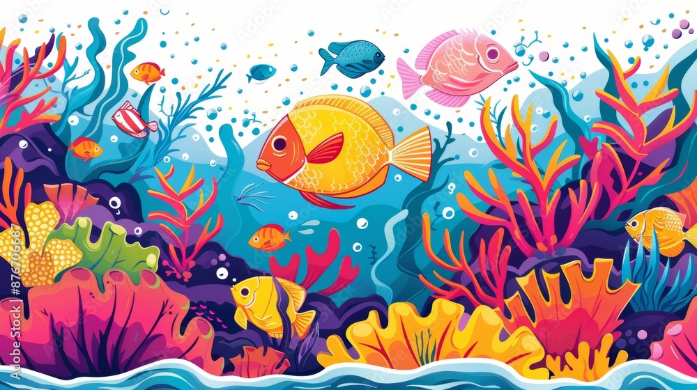 An underwater scene in a coloring book, with fish and coral made of geometric shapes, providing a fun and educational coloring experience. An underwater scene in a coloring book, with fish and coral made of geometric shapes, providing a fun and educational coloring experience.