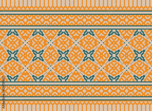 Cross Stitch Embroidery. Ethnic Patterns. Native Style. Traditional Design for Texture, Textile, Fabric, Clothing, Knitwear, Print. Geometric Pixel Horizontal.