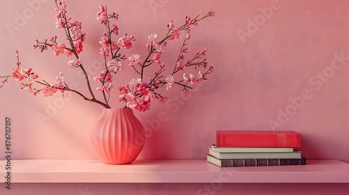 Office desk, red book cover mockup, vase with pink flowersroses on pink wall background. Front view. Place for text, copy space, mockup photo