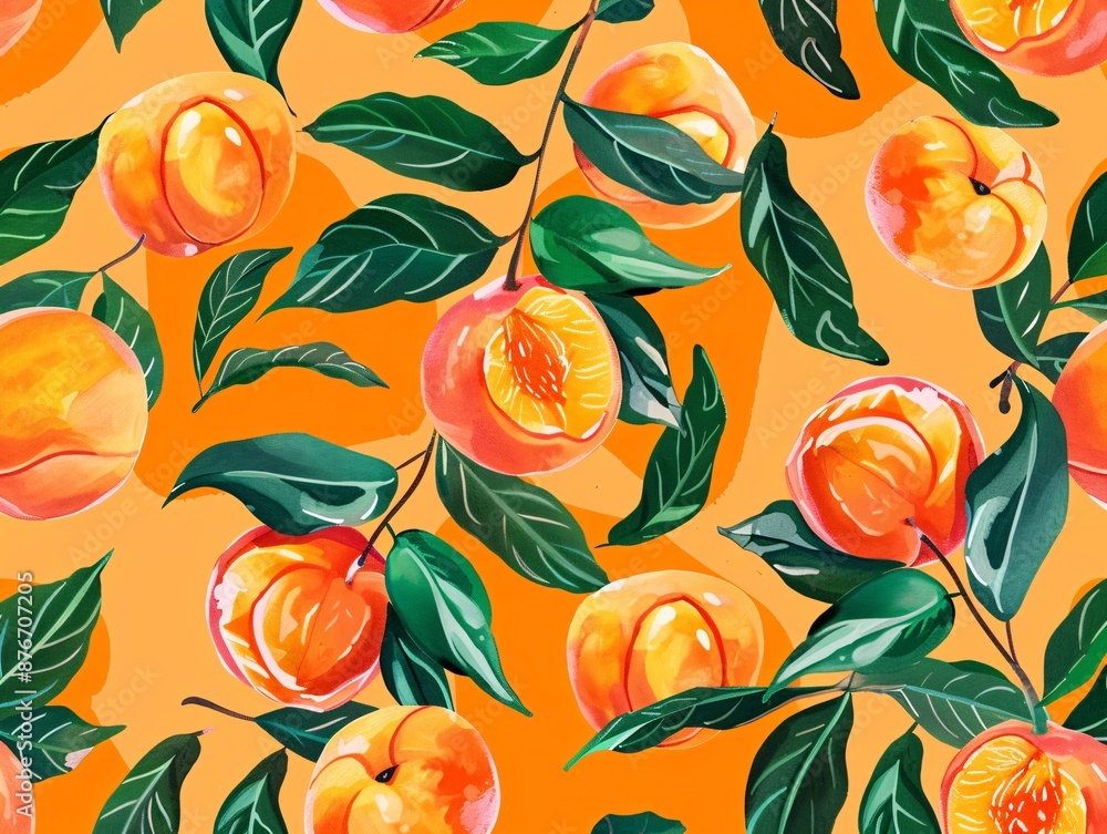 Refined vector pattern showcasing peach fruits with vibrant green leaves, set against a rich orange background, creating a continuous and charming fruit motif Refined vector pattern showcasing peach fruits with vibrant green leaves, set against a rich orange background, creating a continuous and charming fruit motif