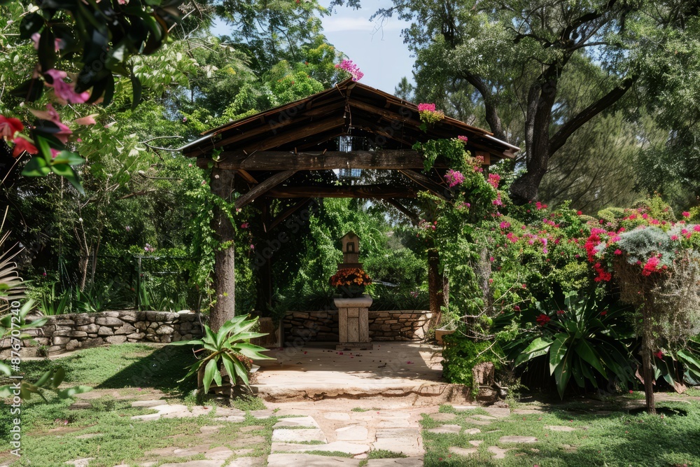 A rustic altar nestled within a lush garden, surrounded by blooming flowers and chirping birds, Generative AI A rustic altar nestled within a lush garden, surrounded by blooming flowers and chirping birds, Generative AI