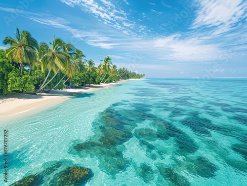 Pristine tropical beach paradise with lush palm trees arching over a pristine shore, vibrant coral reefs in the shallow azure lagoon, and a vast horizon of endless blue sky © Sine