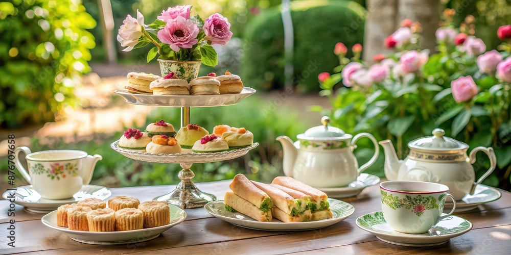 Luxurious afternoon tea in a garden setting with delicate finger sandwiches, scones Luxurious afternoon tea in a garden setting with delicate finger sandwiches, scones