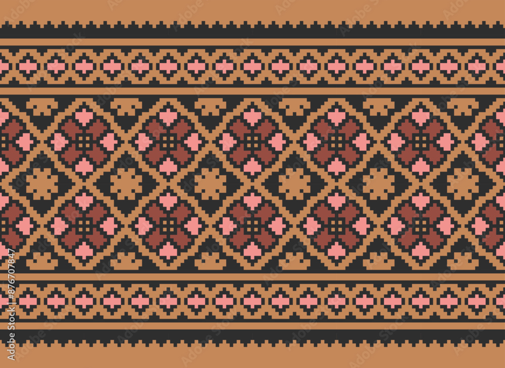 Cross Stitch Embroidery. Ethnic Patterns. Native Style. Traditional Design for Texture, Textile, Fabric, Clothing, Knitwear, Print. Geometric Pixel Horizontal. Cross Stitch Embroidery. Ethnic Patterns. Native Style. Traditional Design for Texture, Textile, Fabric, Clothing, Knitwear, Print. Geometric Pixel Horizontal.