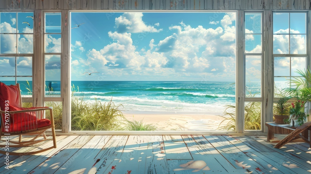 Fototapeta premium background: A sunny beach resort wallpaper evoking relaxation and vacation vibes, perfect for a modern sunroom.