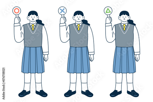 まるばつ三角の回答札を手に持った女子学生のイラストセット