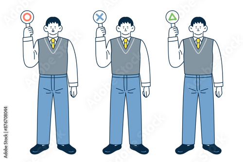 まるばつ三角の回答札を手に持った男子学生のイラストセット