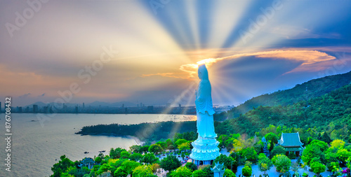 Aerial view of Ling Ung pagoda, Son Tra peninsula, Da Nang, Vietnam. photo