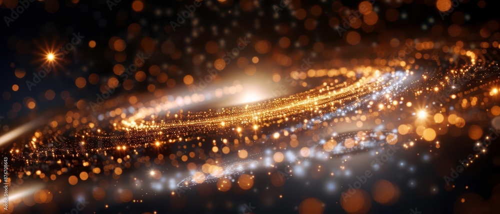 Abstract golden swirl in dark space with shimmering particles, perfect for backgrounds and digital art inspiration. Abstract golden swirl in dark space with shimmering particles, perfect for backgrounds and digital art inspiration.