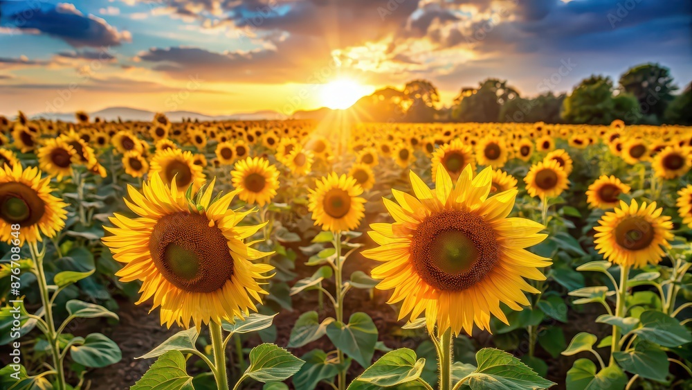 Fototapeta premium Vibrant sunflowers blooming in a sun-kissed field, sunflowers, vibrant, blooming, yellow, petals, field, nature, summer, sun